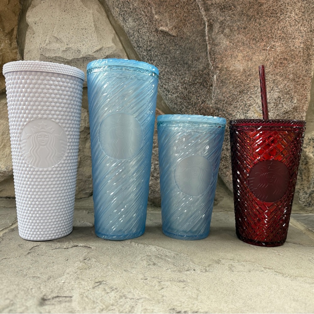 Starbucks Tumblers Bundle of 4. White Studded, 2 Blue Swirl, and Red Jeweled
